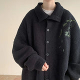 WIAOFELLAS  -  Men's Embroidery New Sweater Cardigan Coat Autumn Turn-down Collar Casual Jackets Knitted Sweater Knit Jumper Rice White/Black