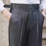 WIAOFELLAS  -  Fashion Mens Dress Pant High Waist Straight Pants Men Spring  Business Versatile Belt Trouser Gentleman Paris Button Pant