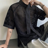 WIAOFELLAS  -  Summer Men's Fashion Spliced Irregular Ribbon Hollow Out Design Shirt New Stand Collar Long Sleeves Blouse Male