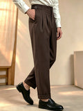 Wiaofellas  -  Autumn Winter Men Beige Solid Neapolitan Pleated High Waist Wide Leg Suit Trousers, Button Detail Light Business Pants for Commu