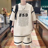 Wiaofellas  -  2 Pieces Men Shorts Sets Summer Waffle Pattern Korean Fashion Casual O Neck Half Sleeve T Shirt Shorts Oversized Loose Print Set