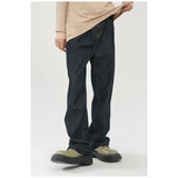 Wiaofellas  -  Men Korean Raw Denim Straight Jeans High Waist Loose Wide Leg Floor Length Trouser Vintage Baggy Streetwear Casual Daily Bottoms