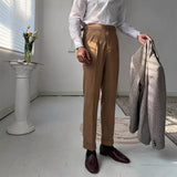 Wiaofellas  -  Men's High Waist Pleated Dress Pants Solid Color Formal Trousers Business Casual Straight Leg Suit Pants For Male Office Wedding