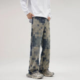 Wiaofellas  -  Brand New Mosaic Jeans Mens Chessboard Pattern American Streetwear Straight Leg Wide Leg Jeans Man Casual Clothing