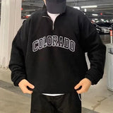 WIAOFELLAS  -  Men Trend American Vintage Letter Print Polo Collar Half Zipper Sweatshirt Casual Streetwear Y2K Long Sleeve Loose Pullover Tops