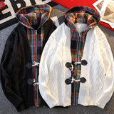 WIAOFELLAS  -  Korean Casual Checkered Hooded Sweater Holiday Style Fake Two-piece Jacket for Men New Autumn and Winter Cardigan for Teenagers