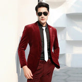 Wiaofellas  -  Business Suits For Men Slim Fit Groom Tuxedo Wedding Prom 2 Pcs Male Fashion Suit Burgundy Velvet Jacket With Pants