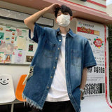 WIAOFELLAS  -  Vintage Men's Gradient Hole Burr Edge Denim Shirts Fashion Summer Short Sleeves Single-breasted Tops Male