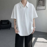 WIAOFELLAS  -  Trendy Summer Men‘s Solid Color Ice Silk Casual T-shirts New Fashion Turn Down Collar Short Sleeve Loose Tops Male