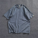 WIAOFELLAS  -  Heavy washing process short sleeve T-shirt men's American fashion loose off shoulder sleeve heavy round neck cotton solid color