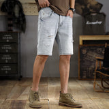 Wiaofellas  -  The new summer fashion men's washed and ground white ripped denim shorts men's slim straight casual five-point medium pants