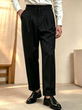 Wiaofellas  -  Autumn Winter Men Beige Solid Neapolitan Pleated High Waist Wide Leg Suit Trousers, Button Detail Light Business Pants for Commu