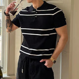 Wiaofellas  -  Daily Leisure Mens Slim Polo Shirts Knitted Short Sleeve Buttoned Turn-down Collar Polo Shirt Summer Casual Striped Knitting Top