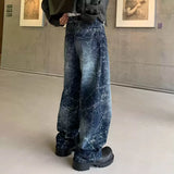 Wiaofellas  -  Men Vintage Rhinestone Wide Leg Jeans Crackle Wash Glitter Diamond Denim Pants Loose Straight Baggy Trousers Hip Hop Long Pants