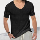 WIAOFELLAS  -  New Men's Short Sleeve Knitted T-Shirt Male Clothing Fashion Spring Summer Solid Color V-Neck Slim TShirt Male Tees Tops