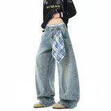 Wiaofellas  -  American Retro Baggy Jeans for Men Women Wide Leg Denim Trousers With Removable Plaid Scarf Streetwear Loose Fit Pants
