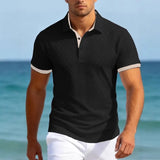 Wiaofellas  -  Men's Textured Knit Polo Shirt Contrast Trim Short Sleeve Turn Down Collar Casual Fashion Tops For Men