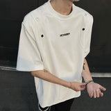 WIAOFELLAS  -  Shoulder Padded Design Men's Tees Round Neck Metal Rivets Decoration Solid Color Short Sleeve Loose Male T-shirts
