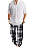 WIAOFELLAS  -  2-piece men's set with plaid pants and solid color top, color-blocked design, suitable for men and women, casual and comfortable