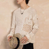 Wiaofellas  -  Summer New Male Hollow-out Long-sleeved T-shirt American Retro Fashion Trendy Street Loose Casual Breathable Niche Men's Top