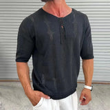WIAOFELLAS  -  Summer Men's Vintage Knit Short Sleeve T-Shirt Muscle Frenulum O-Neck Loose Stretch Pullover Sweater Tees Casual Knitwear Tops