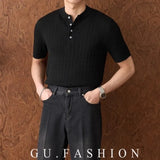Wiaofellas  -  Men's Henley Short Sleeve Knit T-Shirt Summer Breathable Cable Texture Slim Fit Old Money Style Top Youth Street Tees