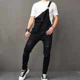 Wiaofellas   -  Stylish Men Streetwear Solid Ripped Slim Bib Overalls Jumpsuits jeans Male Distressed Holes Casual Strap Denim Pants