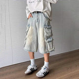 WIAOFELLAS  -  High Street Men's Jeans Big Multi-pockets Solid Color Wide Leg Worn-out Bottom Straight Washing Male Denim Shorts