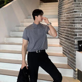 Wiaofellas  -  Men Luxury Mock Neck Short Sleeve T-shirts Summer Casual Solid Color Slim Fit Knitwear Korean Fashion Half Turtleneck Tops