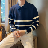 Wiaofellas  -  Autumn Simple Lapel Striped Sweater For Men Casual Vintage Korean Fashion Knitwear Top New Y2K Loose Knitted Pullover Jumper