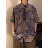Wiaofellas  -  New Chinese Sle Danon Print ort Sve irt Men's Summer American Retro Loose Purple irt Polyester Fiber Casual Wear