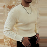 WIAOFELLAS  -  Trendy Bottoming Tees Mens Knitted Solid Color Texture Long Sleeve T-shirts For Men Spring Fall Stylish Slim Stretch O Neck Tops