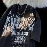 WIAOFELLAS  -  American Fashion Gothic Letter Necklace Short-sleeved T-shirt Men's Summer Loose Street Style Half-sleeved Oversize Top Urban