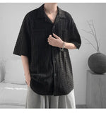 WIAOFELLAS  -  Korean Style Men's Shirts Lapel Hollow Out Knitting Single Breasted Tops Short Sleeved Pocket Loose Male Tops Trend