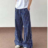 WIAOFELLAS  -  Blue Checkered Straight Leg Pants Mens Retro Trendy Loose Couple Casual Trousers Multiple Buckles College Pantalones Hombre