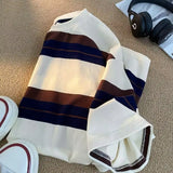 Wiaofellas  -  Japanese Striped Short-sleeved T-shirt Men's Summer Retro Loose Casual Five-point Half-sleeved Shirt