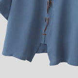 Wiaofellas  -  Men's Shirt Lapel Half Sleeve Loose Lace Up Patchwork Men Clothes Summer Loose Fashion Casual Tops Shirts For Man