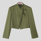 WIAOFELLAS  -  Men Striped Blazer Stand Collar Long Sleeve Lace Up Casual Thin Crop Coats Men Streetwear Fashion Male Suit S-3XL