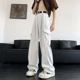 WIAOFELLAS  -  Retro Heavyweight White Multi-Pocket Work Pants Straight Leg Wide Leg Harlan Long Trousers for Men And Women Loose Fit Korean St