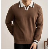 Wiaofellas  -  Men's Classic Contrast Trim Collar Long Sleeve Knit Pullover Polo Shirt Ribbed Knit Fabric Casual Top For Autumn Daily Occasions