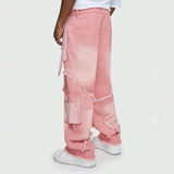 WIAOFELLAS  -  European and American Style Spliced Pink Hip-hop Workwear Wide-leg Tencel High-end Trendy Men's Jeans.