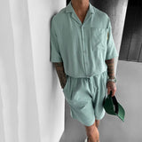 Wiaofellas  -  Hip Hop Casual Button Lapel Shirt Top & Shorts Men Outfit Spring Solid Color Two Piece Set Man Summer Short-sleeved T Shirt Suit