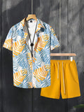 WIAOFELLAS  -  Men's Casual Vacation Shirt set, short-sleeved button-down shirt, Monstera Printed Hawaiian And shorts, 2-piece Set