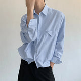 Wiaofellas  -  Men Striped Shirt Lapel Long Sleeve Loose Casual Men Clothing Streetwear Korean Style Fashion Tops Male Shirts