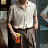 WIAOFELLAS  -  Trendy Solid Color Slim Knit Cardigan Tops Men Summer Casual Short Sleeve Buttoned Lapel Knitted Shirts For Mens Vintage Shirt