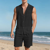 Wiaofellas  -  Breathable Summer Men'S 2 Piece Beach Vacation Set Sleeveless Stylish Shirts and Shorts Suit Outfits Jackets for Men Suit