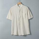 WIAOFELLAS  -  Summer Short Sleeve Cotton Linen Shirts Men Solid Casual Stand Collar Shirt Male Breathable Loose Daily Blouse Tops Plus Size