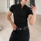 WIAOFELLAS  -  Men T Shirt Solid Color Zipper Short Sleeve Casual Male Tee Tops Summer Streetwear Fashion Korean Style Men Clothing