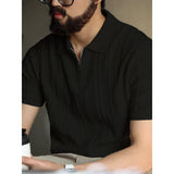 Wiaofellas  -  Summer Men's Knitted Polo Shirt Zipper Loose Short Sleeve Striped Vintage American Style Commute Casual Fashion T-Shirt