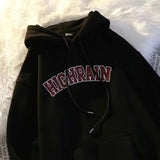 Wiaofellas  -  American Style Casual Hoodie Letter Print Loose Fit Unisex Autumn Winter Versatile Couple's Wear Cotton Long Sleeve Coat